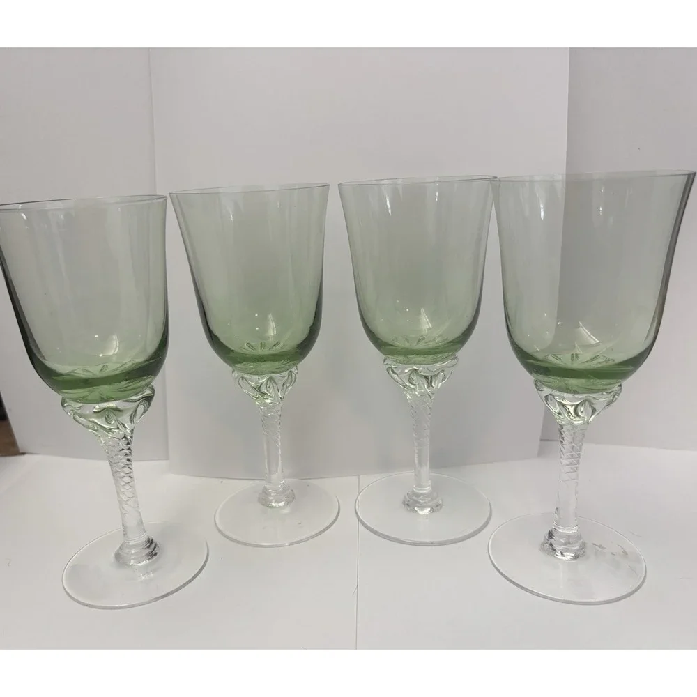 Sasaki Hawthorne Jade Wine Glasses Green Clear Twisted Stem Set of 4 Vintage